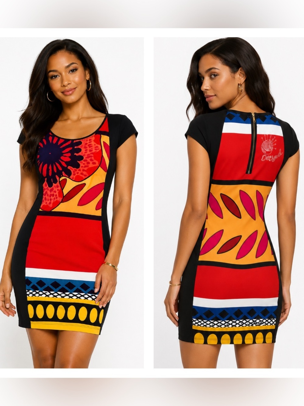 Desigual Graphic Bodycon Dress – Size M | Vibrant Art | Cap Sleeve | Zip Back